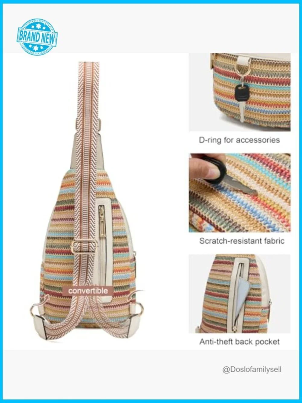 Woven Straw Sling Bag Crossbody Purse Adjustable Strap Bohemian Travel
